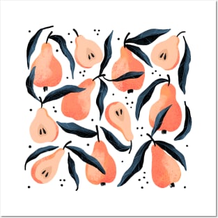 Pretty orange pear pattern with black leaves Posters and Art